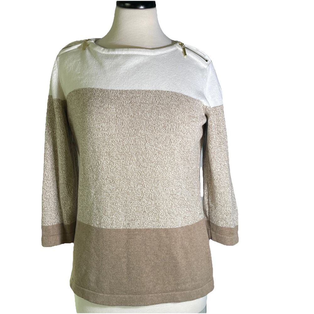 Karen Scott Women’s Brown/ White Cotton Long Sleeve Shoulder Zip Sweater Small